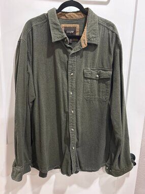 CQR Mens 2XLT Flannel Shirt Olive Green Corduroy Detail Long Sleeve Button Up